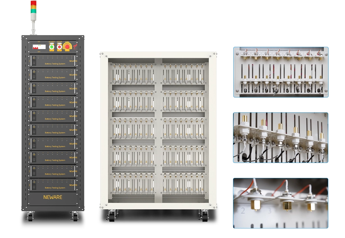 NEWARE cylindrical cell rack is suitable for battery testing of cylindrical batteries. Its acrylic panels seal both sides, creating a semi-enclosed space that ensures a safe testing environment