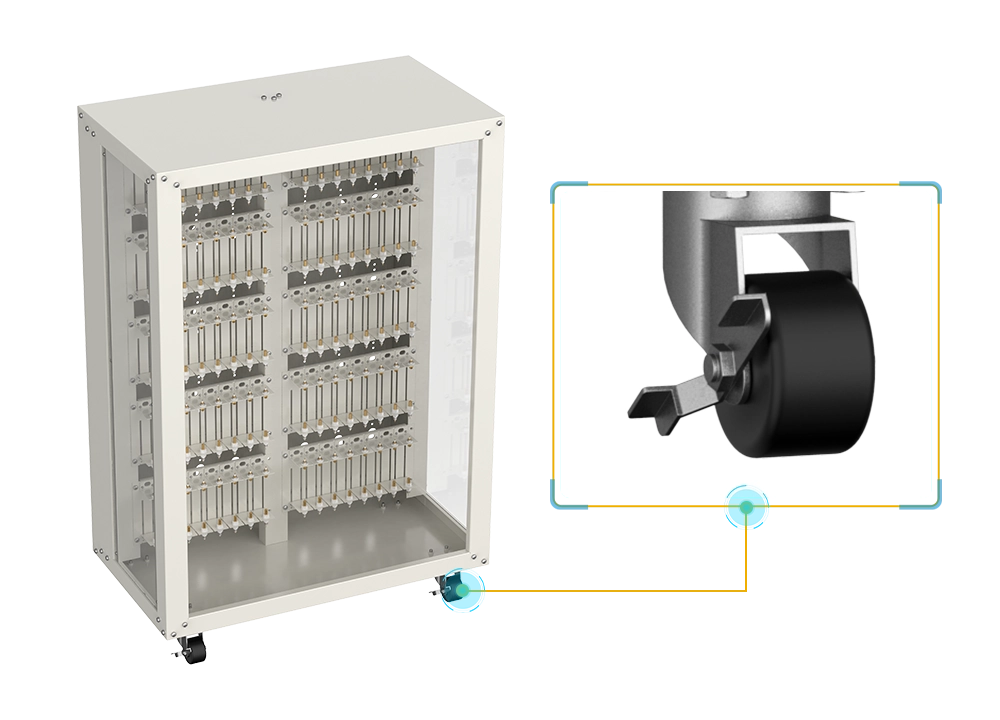 NEWARE cylindrical cell rack is compact in size with 360° rotating casters for easy mobility and fixation