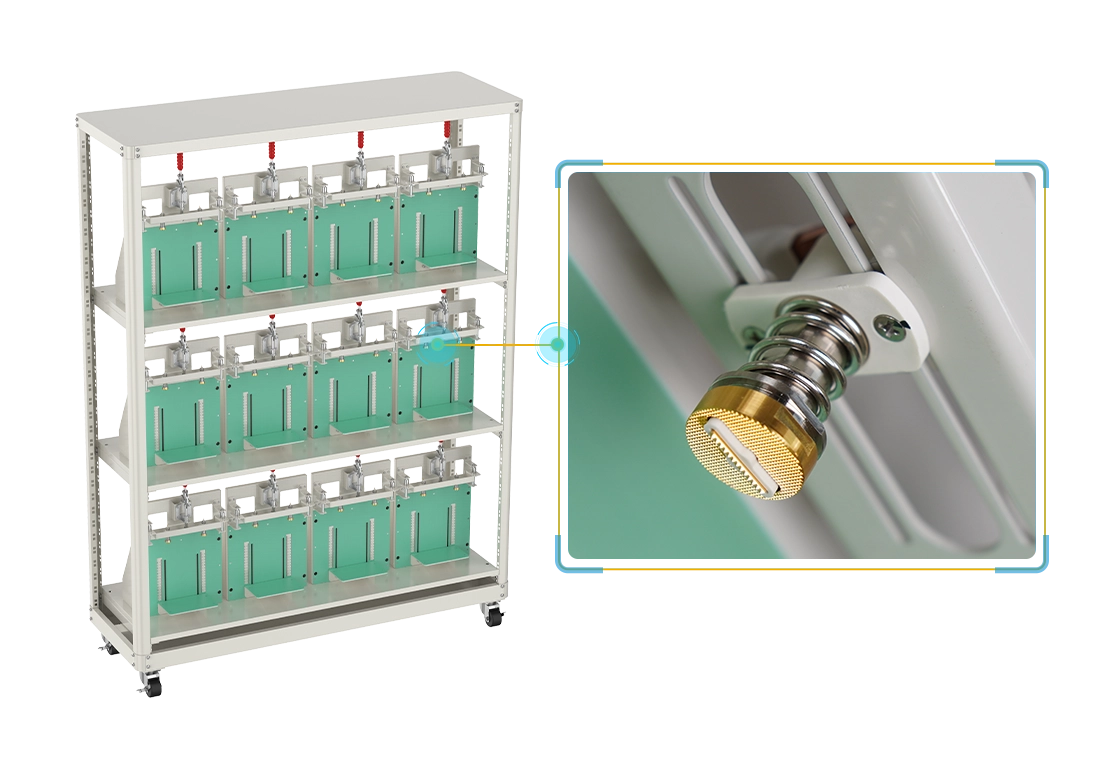 The probes of the NEWARE-PDCJ-F1-ZJ-120A-12CH-D1 prismatic cells rack are made of beryllium copper, wrapped in a dual coating of nickel and gold to ensure conductivity and safety in battery testing