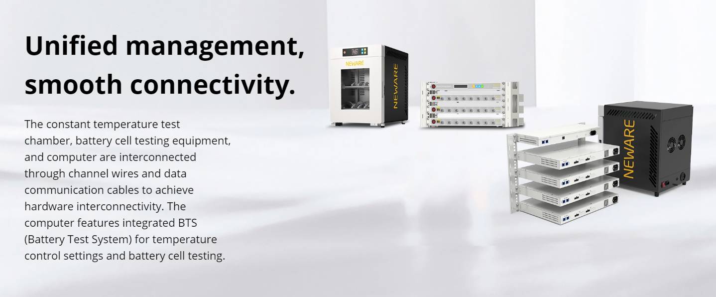 The constant temperature test chamber, battery cell testing equipment, and computer are interconnected through channel wires and data communication cables to achieve hardware interconnectivity