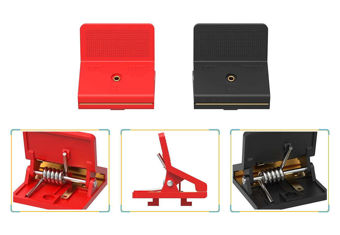 NEWARE-A705-P7-20A-Battery Clamp-battery holder,Crafted from bold steel wire, the fixture spring boasts robust elasticity. With the inclusion of wave-shaped metal clamps, it offers a secure grip that prevents any risk of displacement or detachment during testing