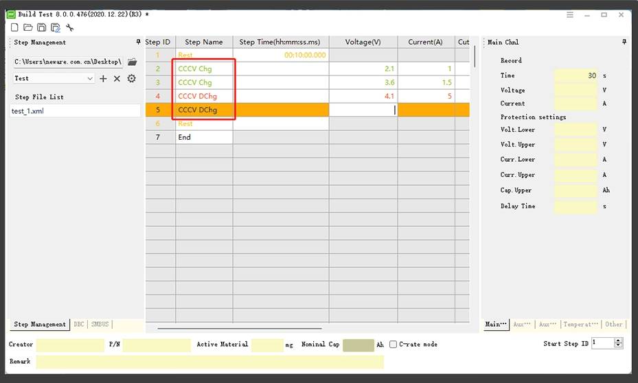 NEWARE-BTS software-CC CV charge and dis charge test