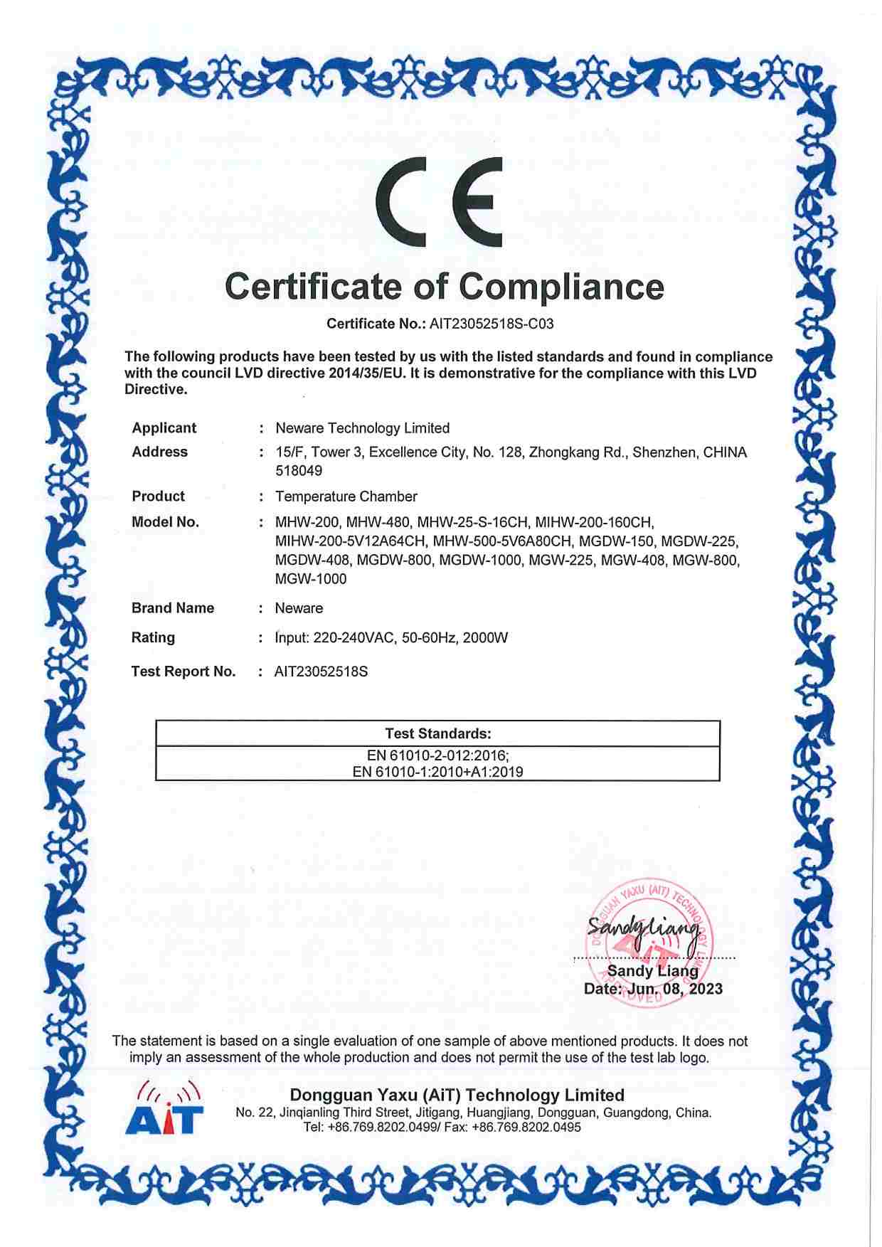 NEWARE-battery test equipment- CE-LVD Certificate