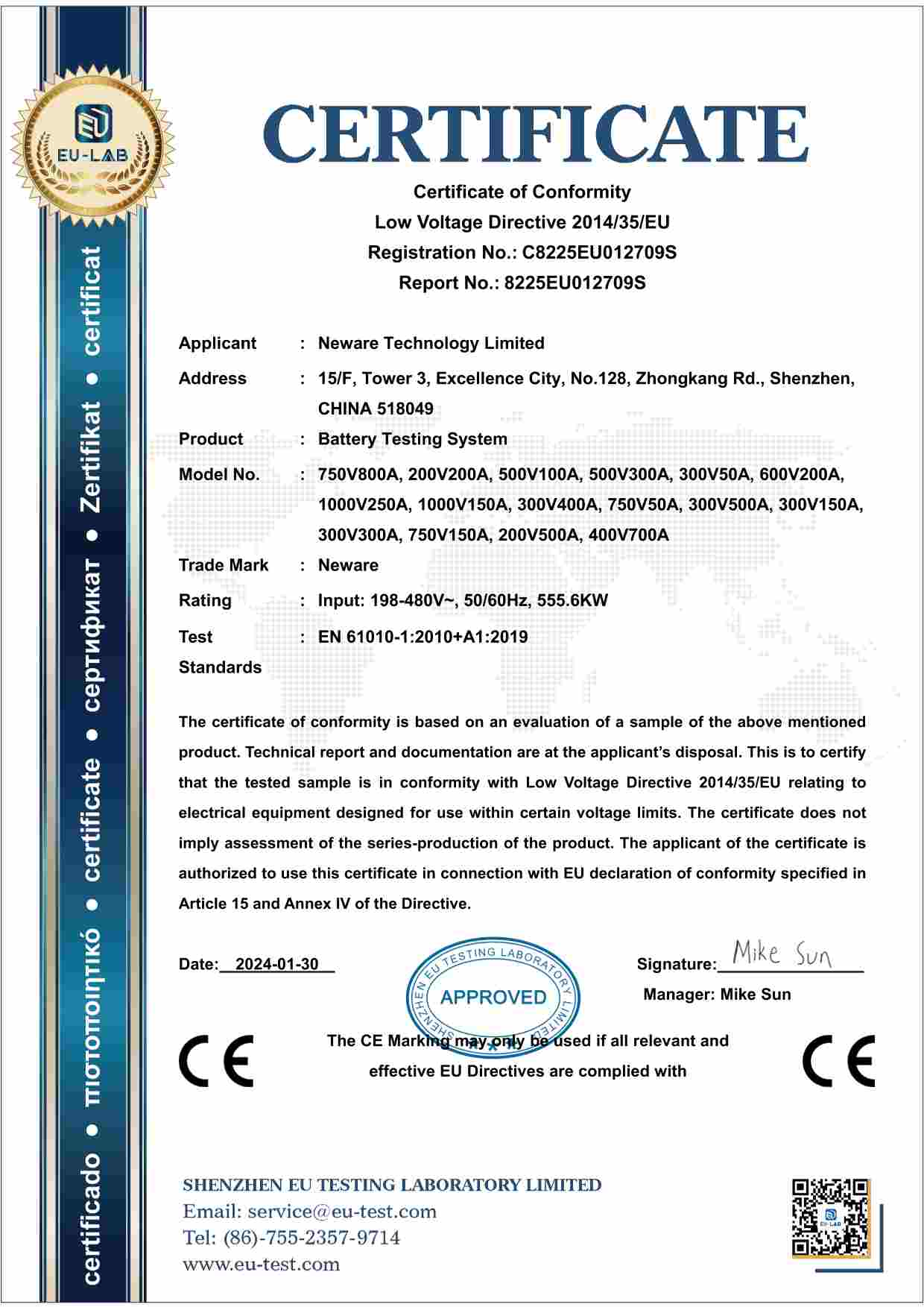 NEWARE's 750V 800A Battery Testing System with CE Certification