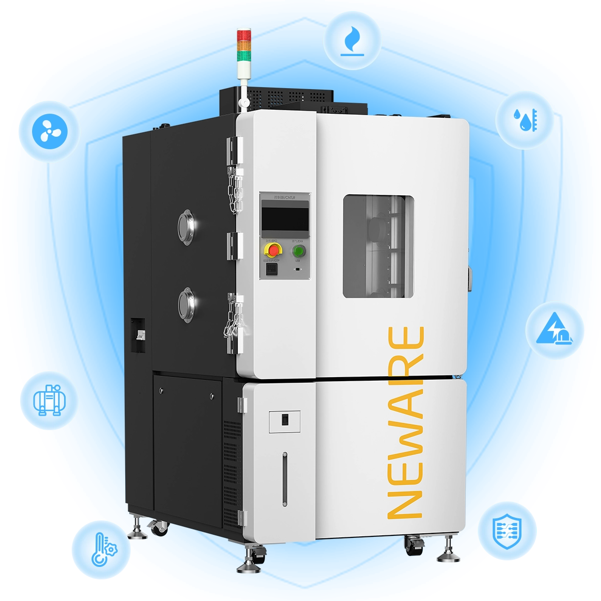 NEWARE-WGDW Temperature Test Chamber-Battery tester is equipped with safety protection functions such as Overtemperature Protection, Compressor Overpressure and Overload Protection, Fan Overload Protection, Humidifier Dry Burn Protection, Lack of Water Protection, Leakage Protection, and Short Circuit Protection