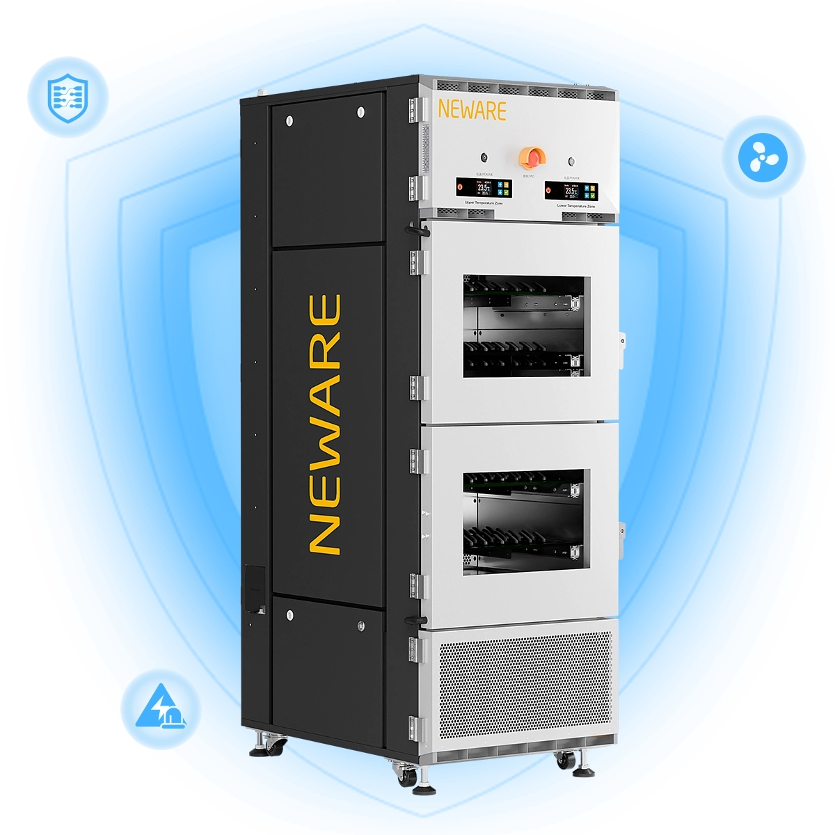 NEWARE MHW-100-2-160CH Dual-Temperature Zones battery tester has safety protection features such as Power-Down Data Protection, Short Circuit protection, and Abnormal Monitoring of Circulating Fan Operation