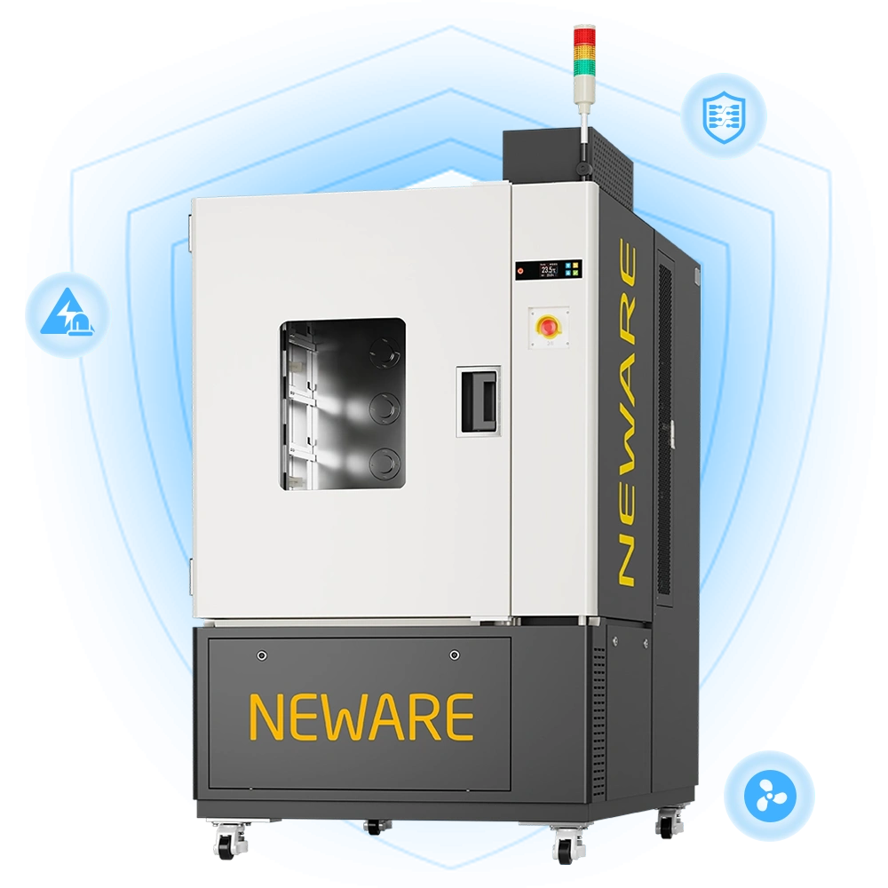 NEWARE-WHW-500L-5V6A80CH-380V-3C battery tester has safety protection features such as power-down data protection, short circuit protection, and abnormal monitoring of circulating fan operation